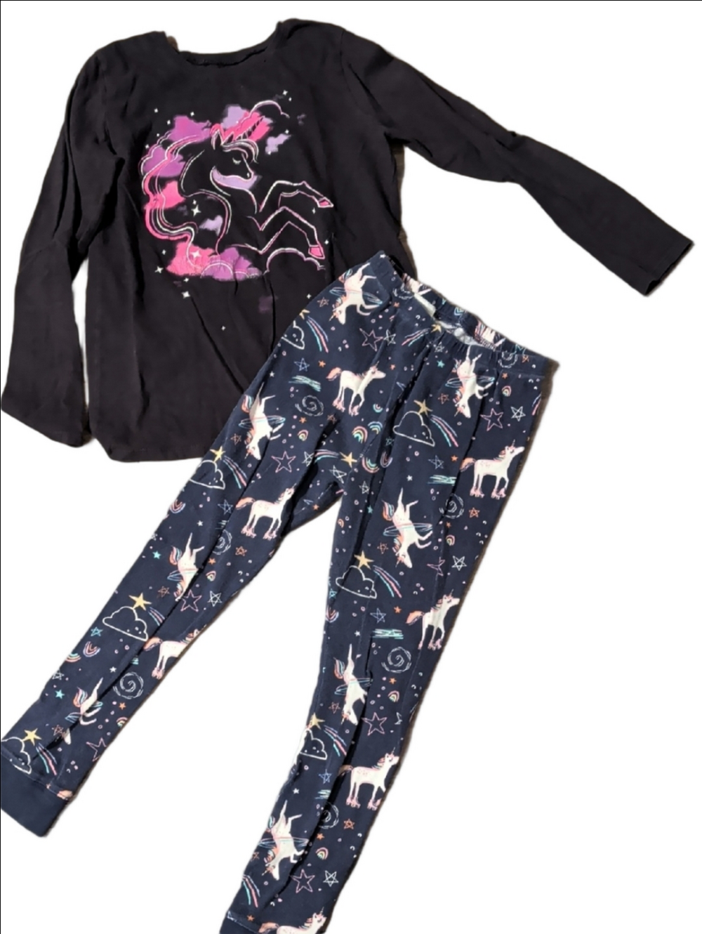 Girls Unicorn Pajama Set - Black Top & Navy Unicorn Pants